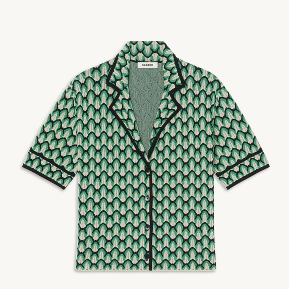 SANDRO Othis Printed Short Sleeved Cardigan Beige Green Black Size 2 US Medium